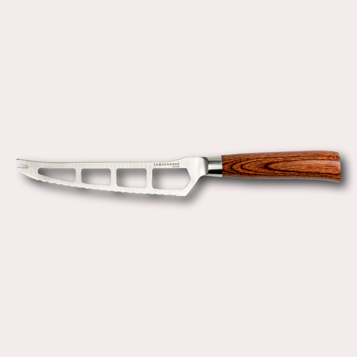 Tamahagane San cheese knife, with special steel blade, and brown micarta handle. Sold by japanese-knives.co.uk