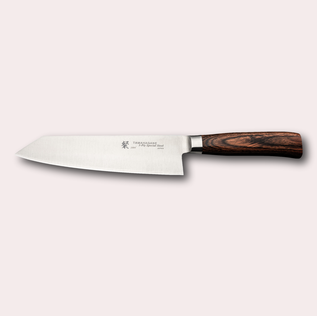 Tamahagane San 20cm kengata knife, with 3 ply special steel blade, and brown micarta handle. Sold by japanese-knives.co.uk