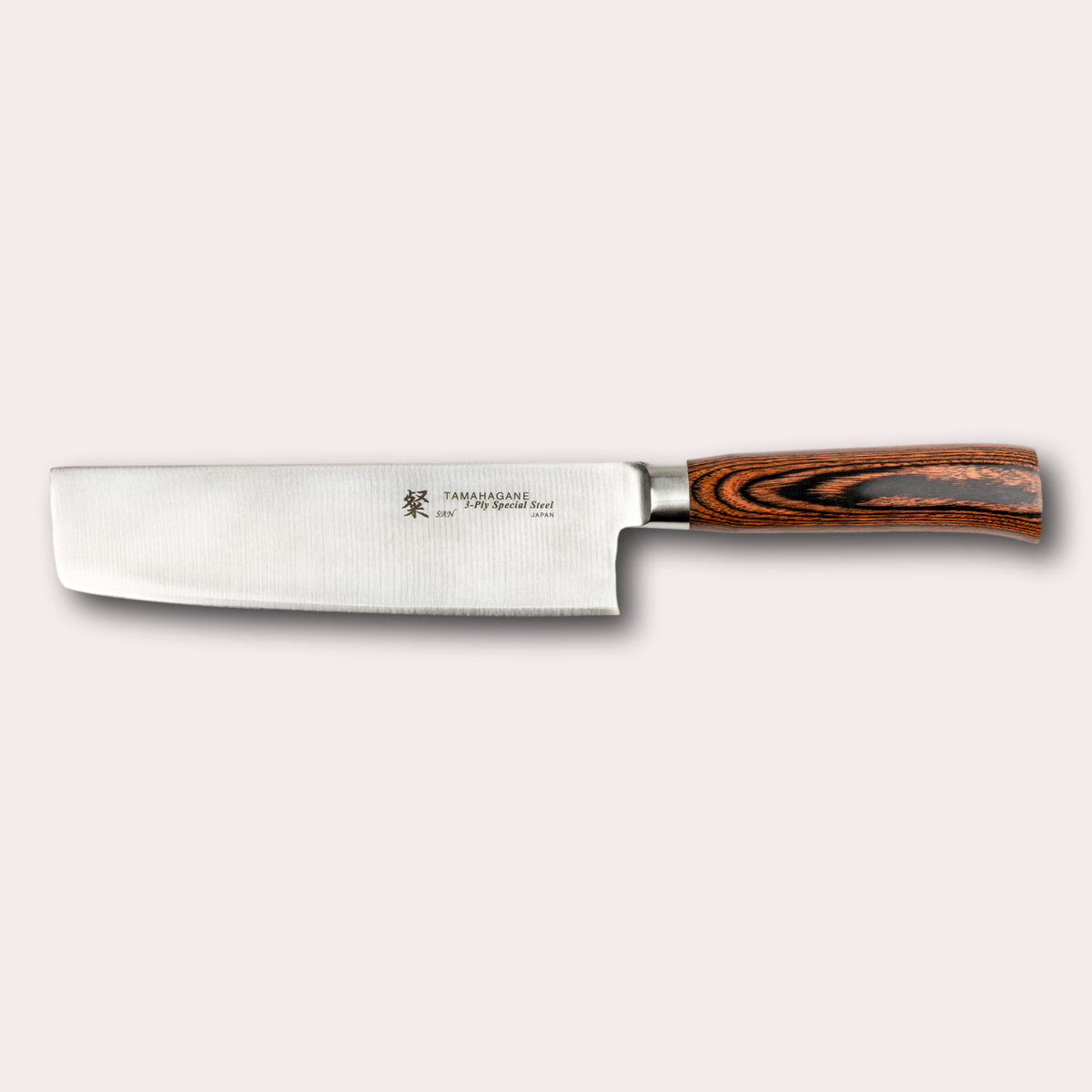Tamahagane San Nakiri knife, with 3 ply special steel blade, and brown micarta handle. Sold by japanese-knives.co.uk