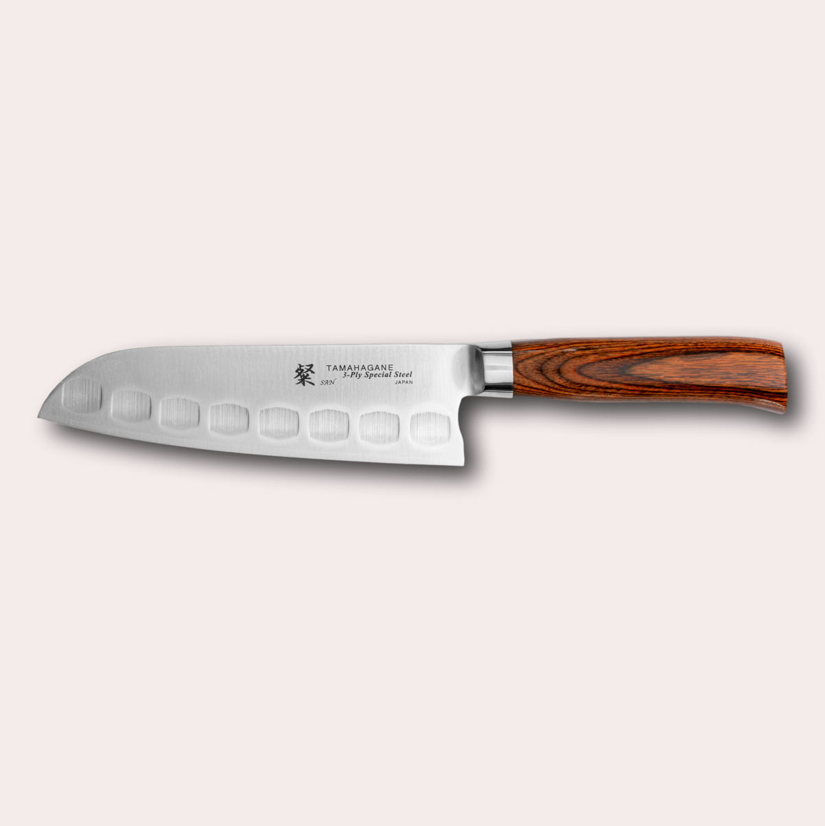 Tamahagane San hollow edge Santoku knife, with special steel blade, and brown micarta handle. Sold by japanese-knives.co.uk