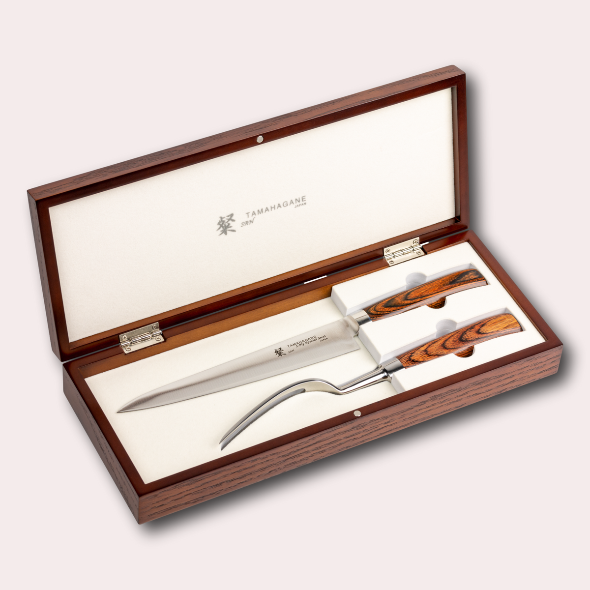 Tamahagane San 2 piece carving set in presentation wooden box. Special steel blade, and brown micarta handle. Sold by japanese-knives.co.uk