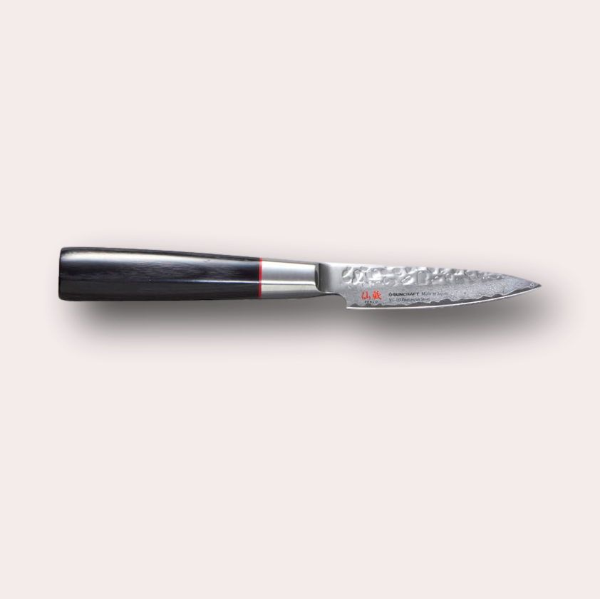 Suncraft Senzo Paring knife with VG10 hammered finish blade, and black pakkawood handle.