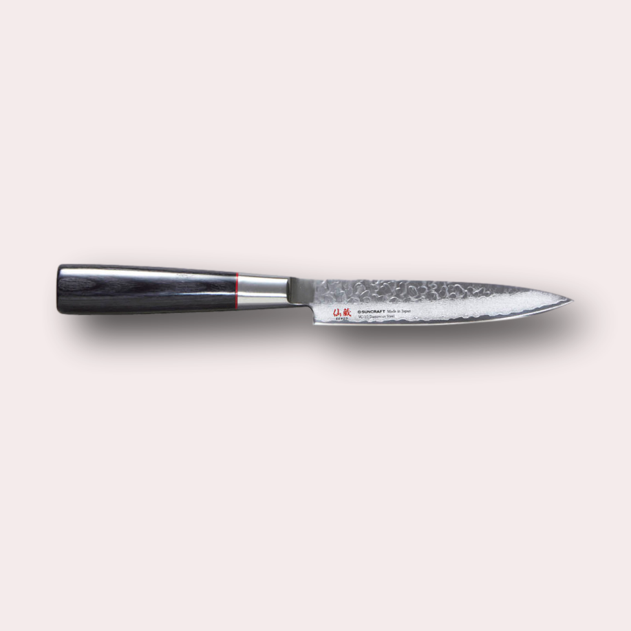 Suncraft Senzo Utility knife with VG10 hammered finish blade, and black pakkawood handle.