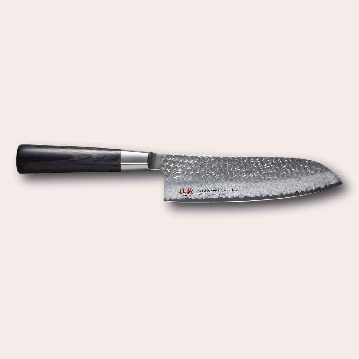 Suncraft Senzo Santoku knife with VG10 hammered finish blade, and black pakkawood handle.