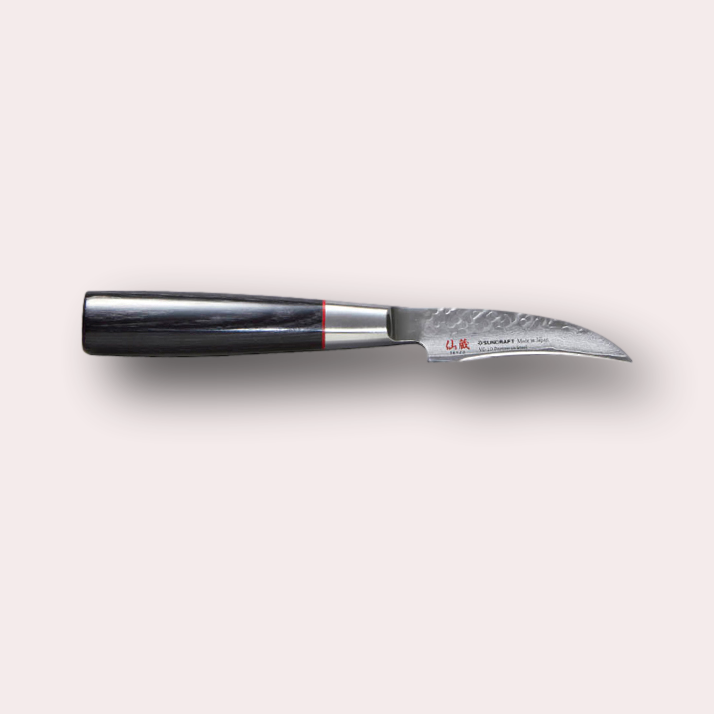 Suncraft Senzo peeling knife with VG10 hammered finish blade, and black pakkawood handle.