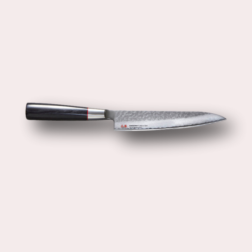 Suncraft Senzo Utility knife with VG10 hammered finish blade, and black pakkawood handle.