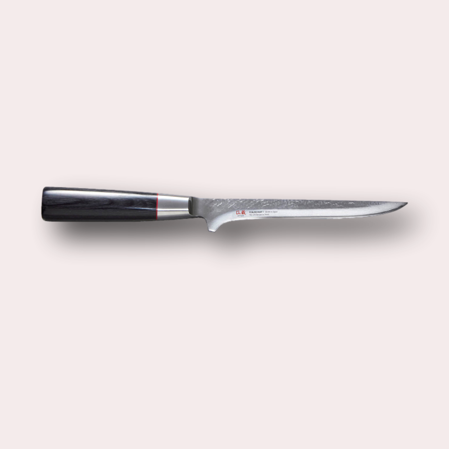 Suncraft Senzo boning knife with VG10 hammered finish blade, and black pakkawood handle.
