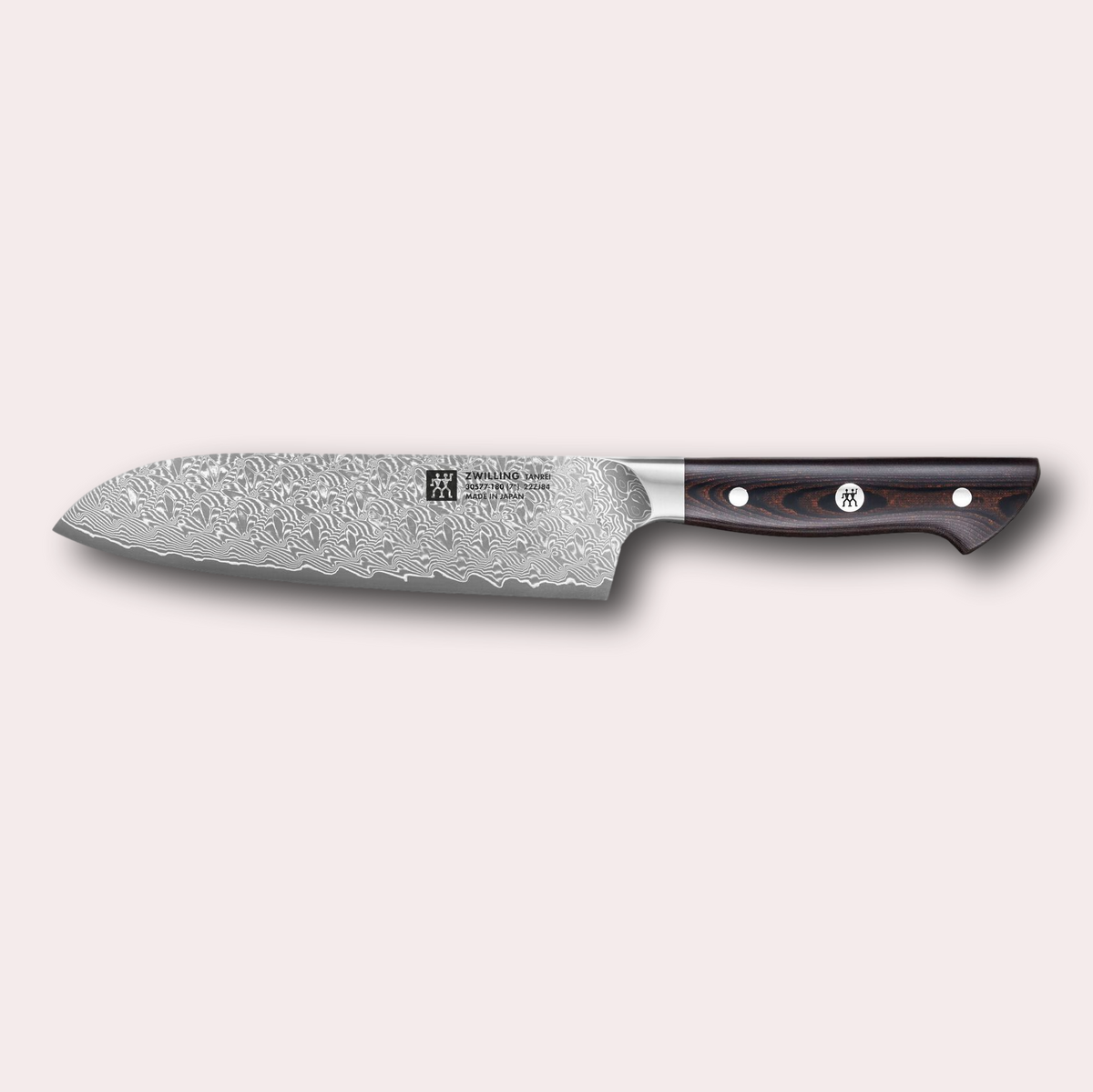 Zwilling Tanrei 18cm Santoku knife. Exceptionally high quality Damascus steel knife with beautiful handle. Stocked by janapanese-knives.co.uk