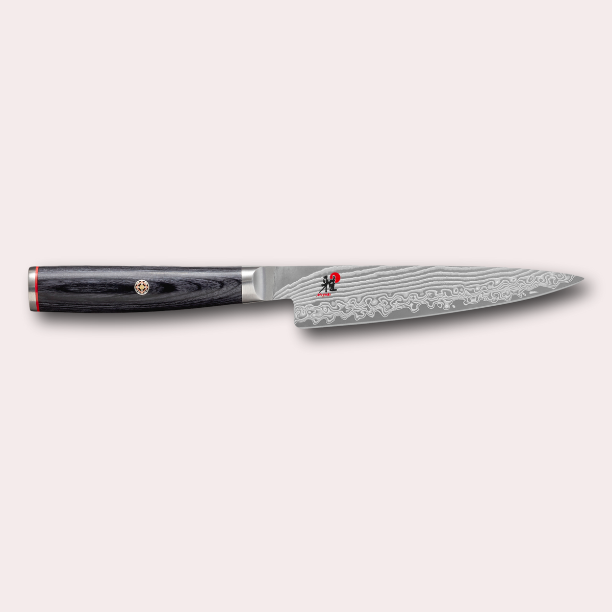 Miyabi 5000FCD Shotoh utility knife. Damascus blade and black pakkawood handle with decorative through-pins. japanese-knives.co.uk