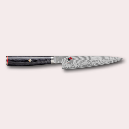 Miyabi 5000FCD Shotoh utility knife. Damascus blade and black pakkawood handle with decorative through-pins. japanese-knives.co.uk