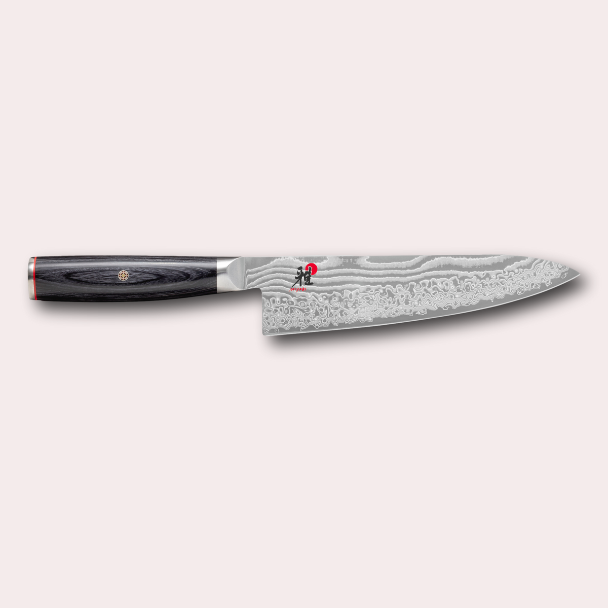 Miyabi 5000FCD 20cm Gyuto chefs knife. Damascus blade and black pakkawood handle with decorative through-pins. japanese-knives.co.uk