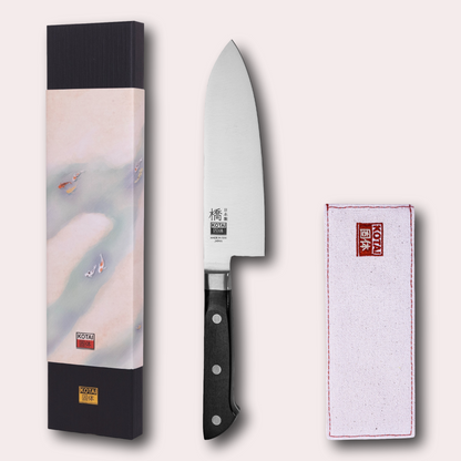 Kotai Hashi Classic santoku knife. Stainless steel blade, shaped black handle, fabric knife sheath and presentation box.