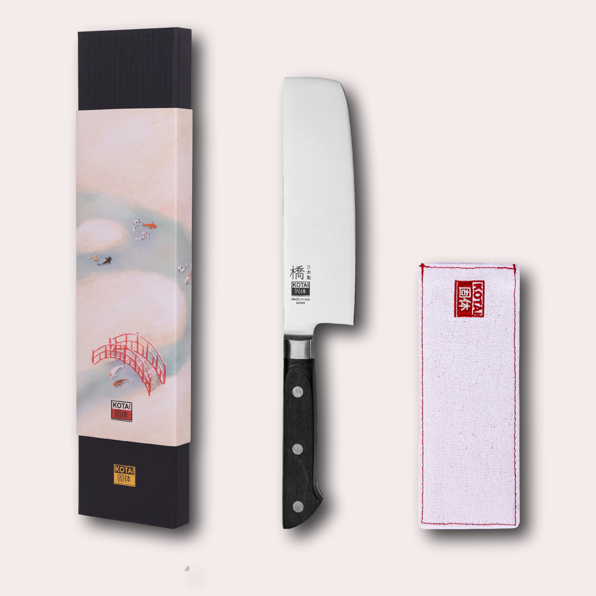 Kotai Hashi Classic nakiri knife. Stainless steel blade, shaped black handle, fabric knife sheath and presentation box.