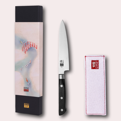 Kotai Hashi Classic petty knife. Stainless steel blade, shaped black handle, fabric knife sheath and presentation box.
