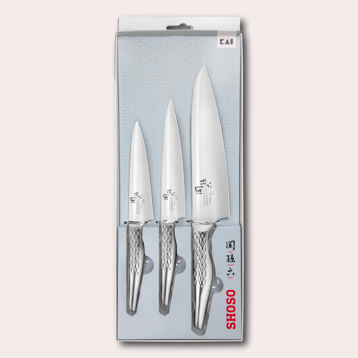 Kai Seki Magoroku 3 piece set, chef, utility and paring knives. 5CR15MoV Steel with diamond pattern handle.