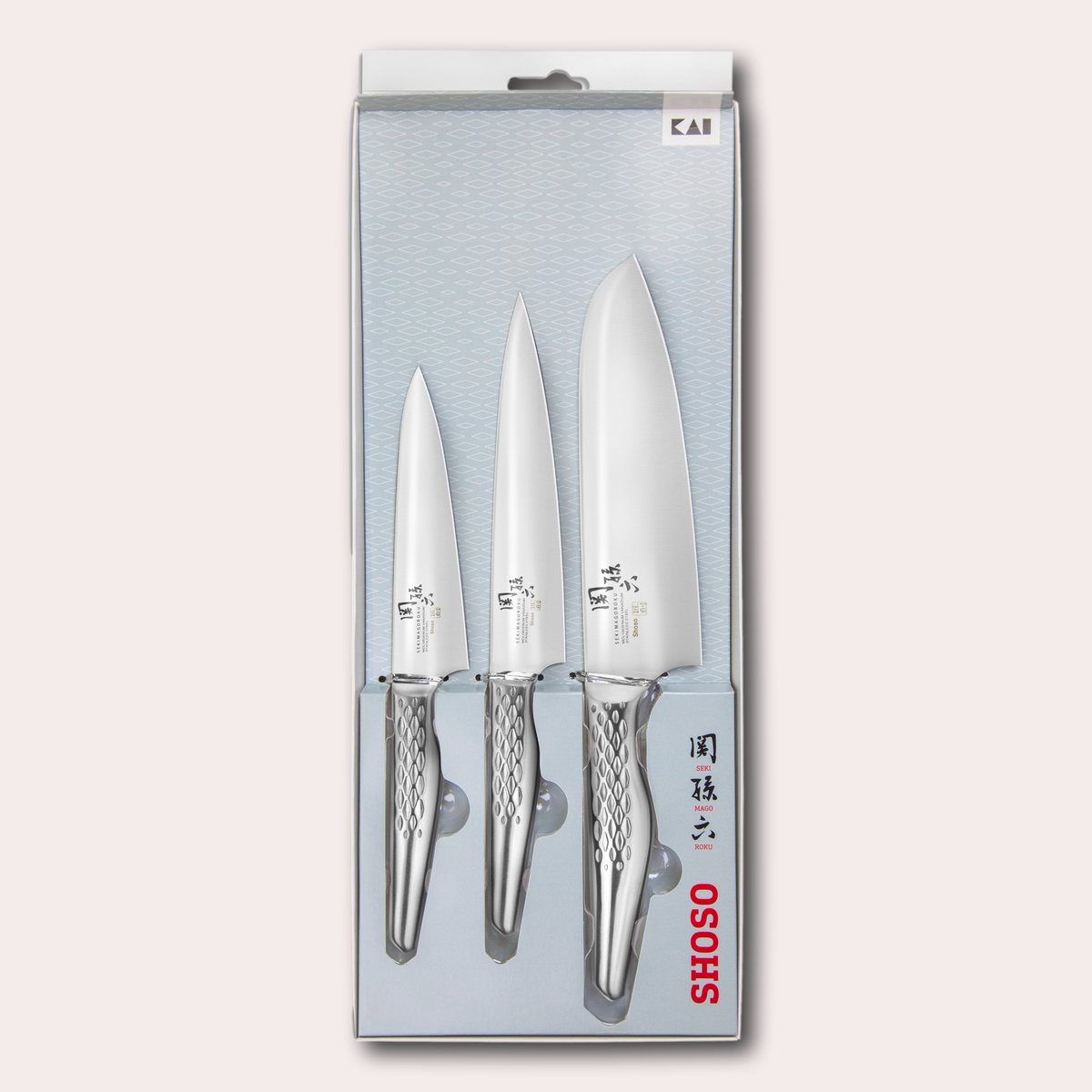 Kai Seki Magoroku 3 piece set, santoku, utility and paring knives. 5CR15MoV Steel with diamond pattern handle.