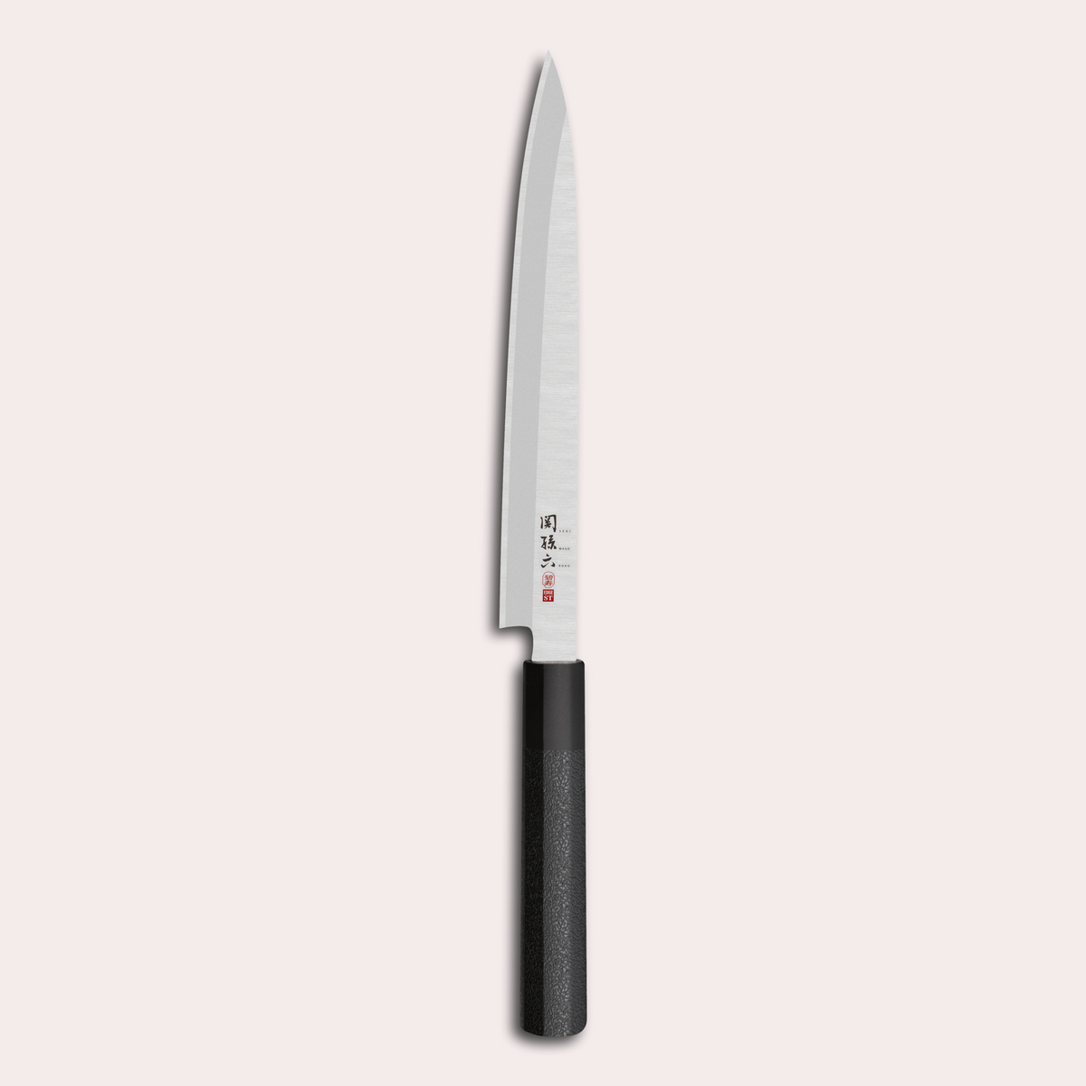 Kai Sekimagoroku Hekiju Yanagiba Knife for left handed people. Minimalist classic of 8A solid steel and black PP plastic handle.