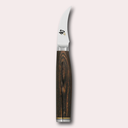 Kai Shun Premier 5cm peeling knife. VG max blade wrapped in 32 layers of Damascus steel with a hammered finish, and brown pakkawood handle. japanese-knives.co.uk