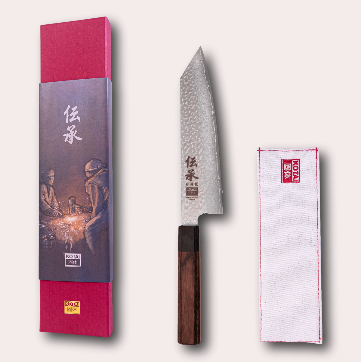 Kotai Densho Kiritsuke knife with protective sleeve and plastic-free presentation box, supplied by japaneseknives.co.uk
