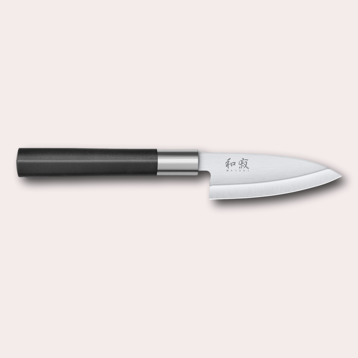Kai Wasabi Black Deba knife.  Corrosion-resistant 6A/1K6 steel, matte black oval shaped plastic handle.