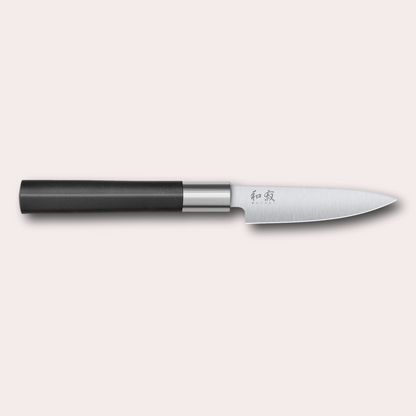 Kai Wasabi Black utility knife.  Corrosion-resistant 6A/1K6 steel, matte black oval shaped plastic handle.