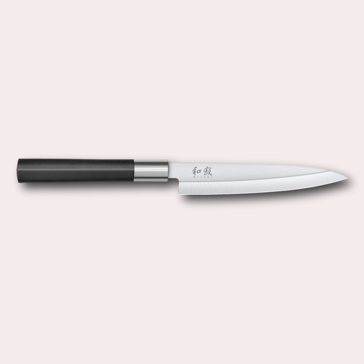 Kai Wasabi Black Yanagiba knife.  Corrosion-resistant 6A/1K6 steel, matte black oval shaped plastic handle.