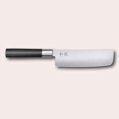 Kai Wasabi Black Nakiri knife.  Corrosion-resistant 6A/1K6 steel, matte black oval shaped plastic handle.