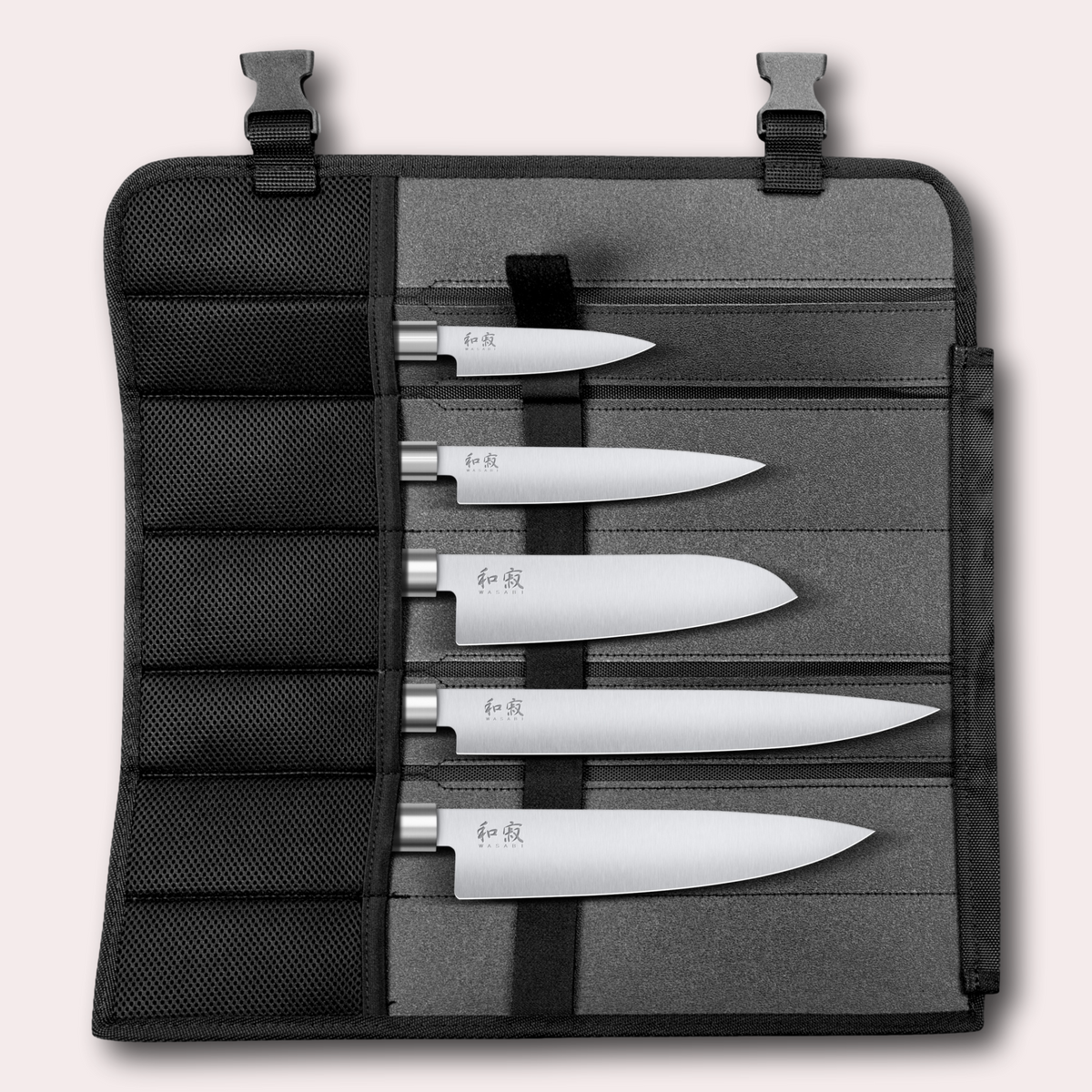 Kai Wasabi Black 5 piece bag set, chef, slicing, santoku utility and paring knives complete with a premium knife bag.