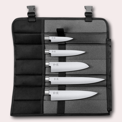 Kai Wasabi Black 5 piece bag set, chef, slicing, santoku utility and paring knives complete with a premium knife bag.