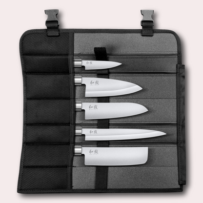 Kai Wasabi Black 5 piece bag set, nakiri, yanagiba, santoku, deba and paring knives complete with a premium knife bag.