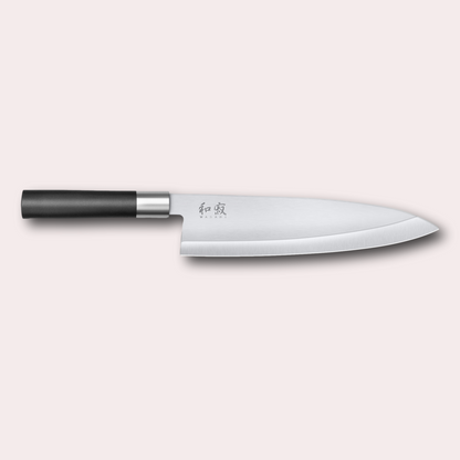 Kai Wasabi Black Deba knife.  Corrosion-resistant 6A/1K6 steel, matte black oval shaped plastic handle.