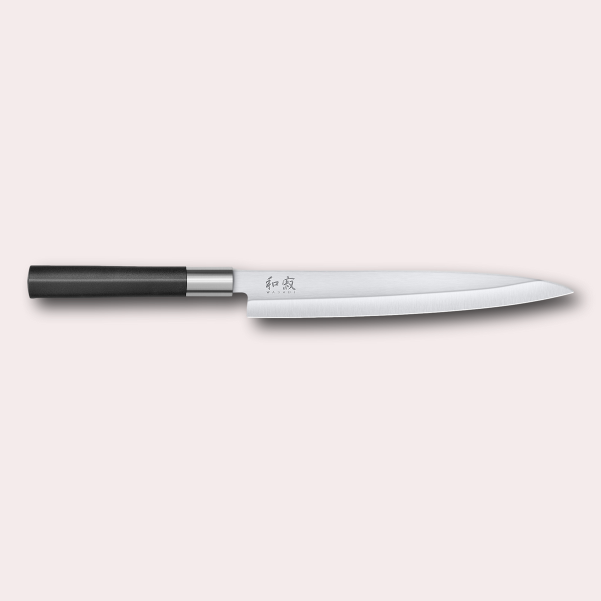 Kai Wasabi Black Yanagiba knife.  Corrosion-resistant 6A/1K6 steel, matte black oval shaped plastic handle.