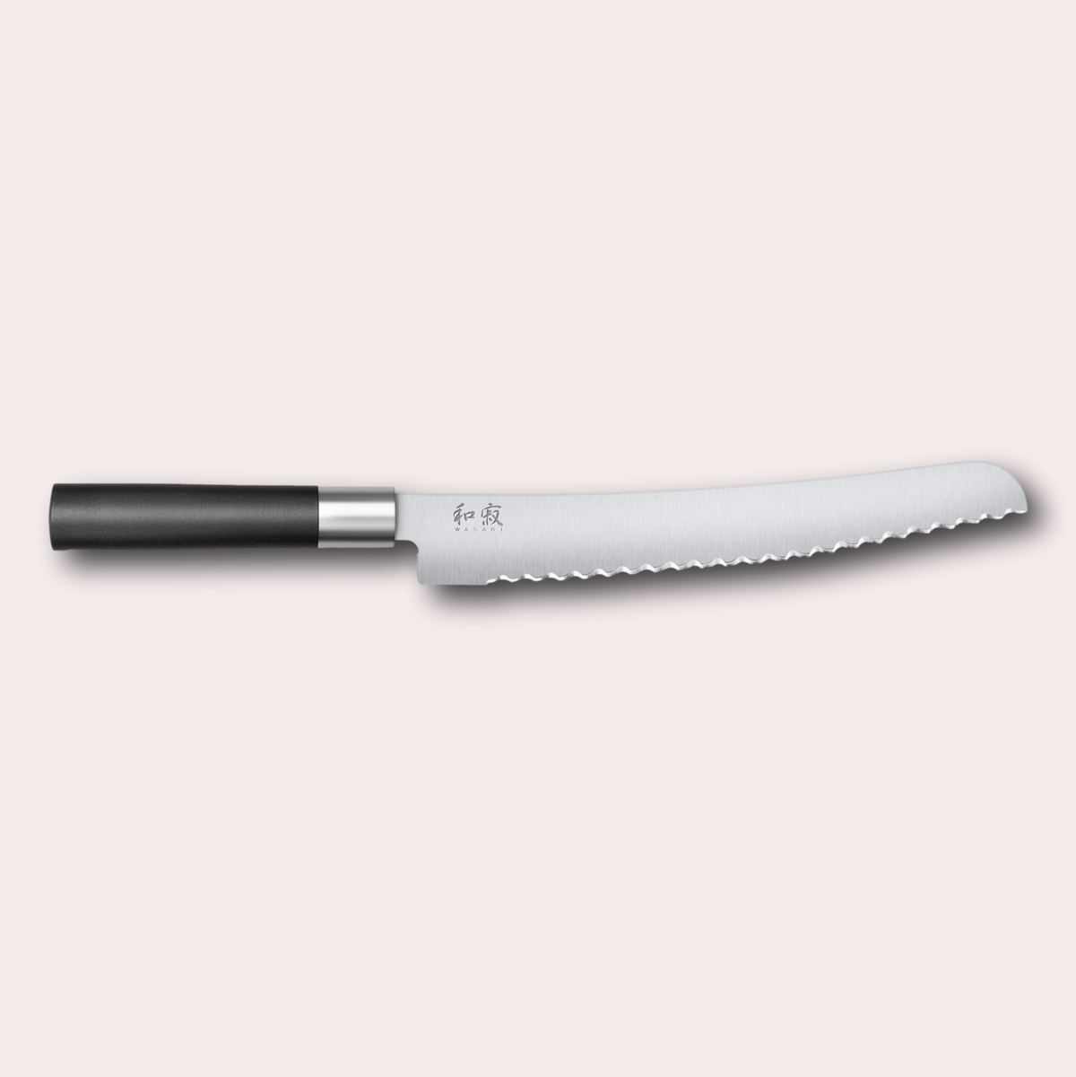 Kai Wasabi Black Bread knife.  Corrosion-resistant 6A/1K6 steel, matte black oval shaped plastic handle.