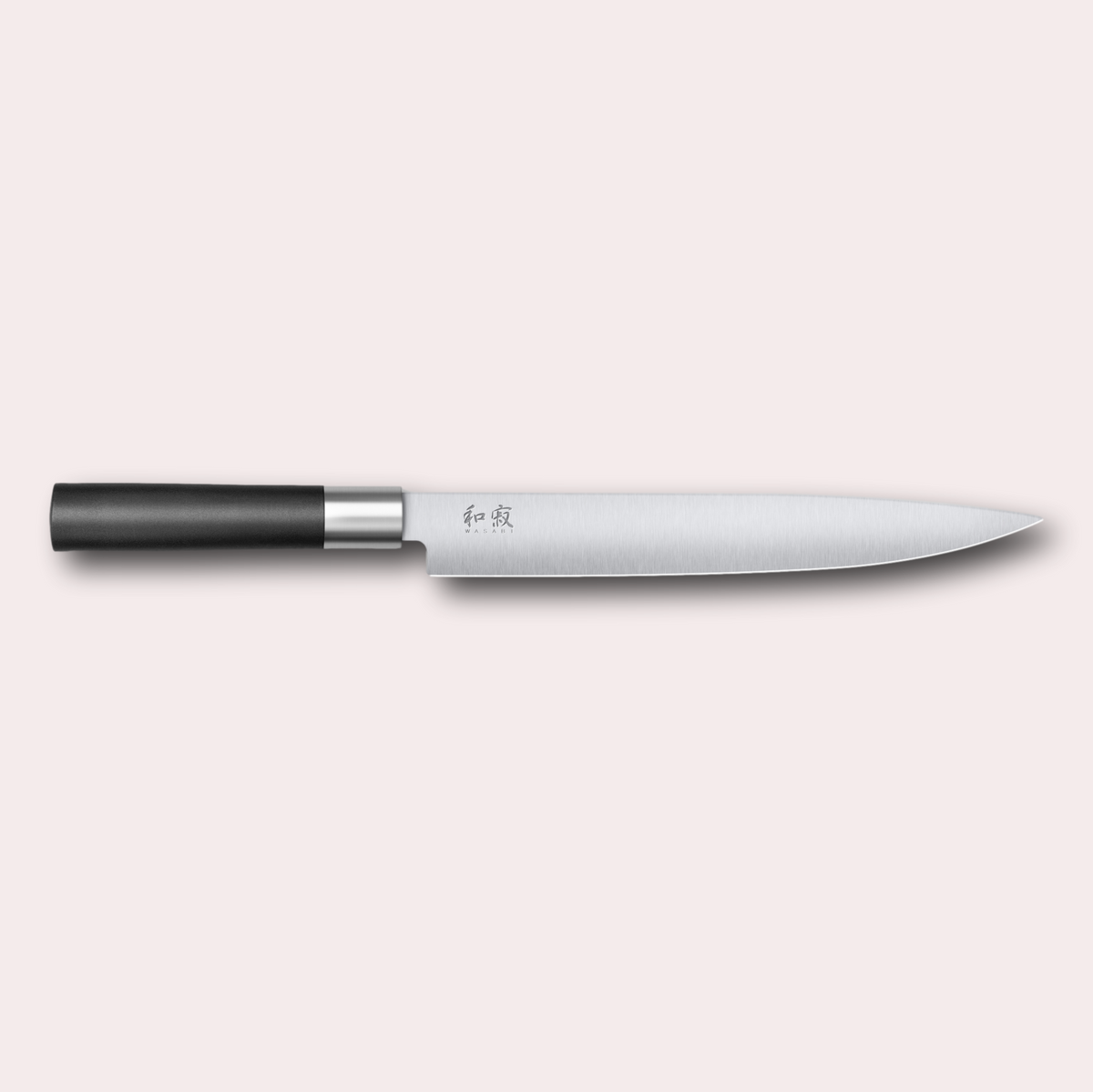 Kai Wasabi Black Slicing knife.  Corrosion-resistant 6A/1K6 steel, matte black oval shaped plastic handle.