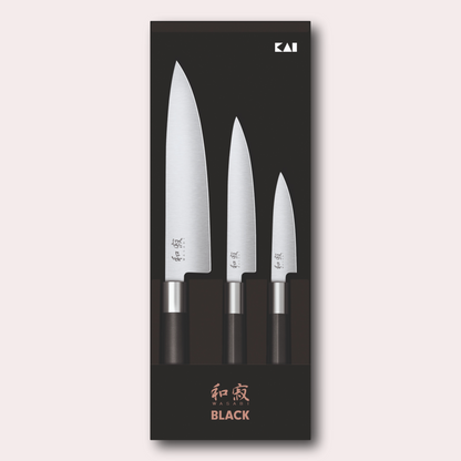 Kai Wasabi Black 3 piece set, chef utility and paring knives