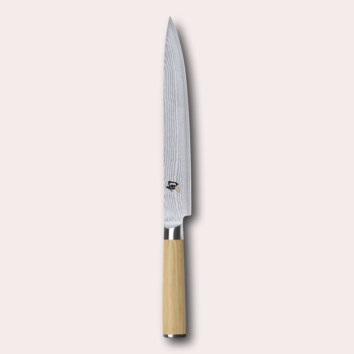 Kai Shun White 20cm slicing knife.  Light ash coloured pakkawood handle, meets a VG Max steel core blade wrapped in 32 layers of Damascus Steel.