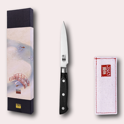 Kotai Hashi Classic paring knife. Stainless steel blade, shaped black handle, fabric knife sheath and presentation box.