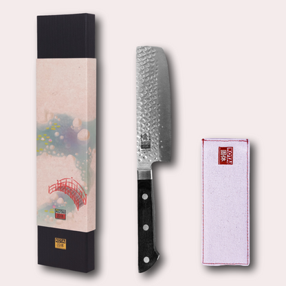 Kotai Hashi Tsuchime Nakiri knife.  Hammered finish blade and pakkawood sculpted handle.  Supplied by japanese-knives.co.uk
