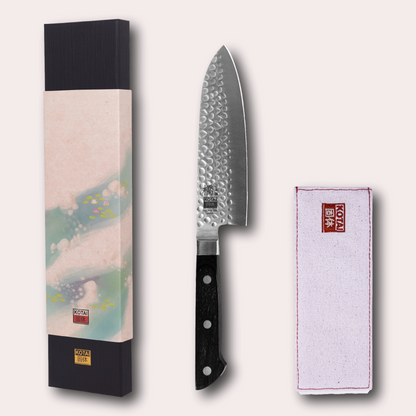 Kotai Hashi Tsuchime Santoku knife.  Hammered finish blade and pakkawood sculpted handle.  Supplied by japanese-knives.co.uk