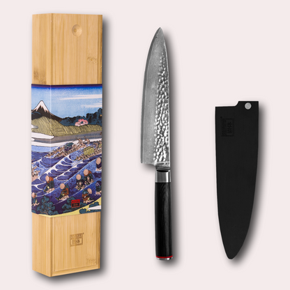 Kotai Pakka Damascus Gyuto knife. Hammered Damascus blade, pakkawood handle and bamboo sheath included.