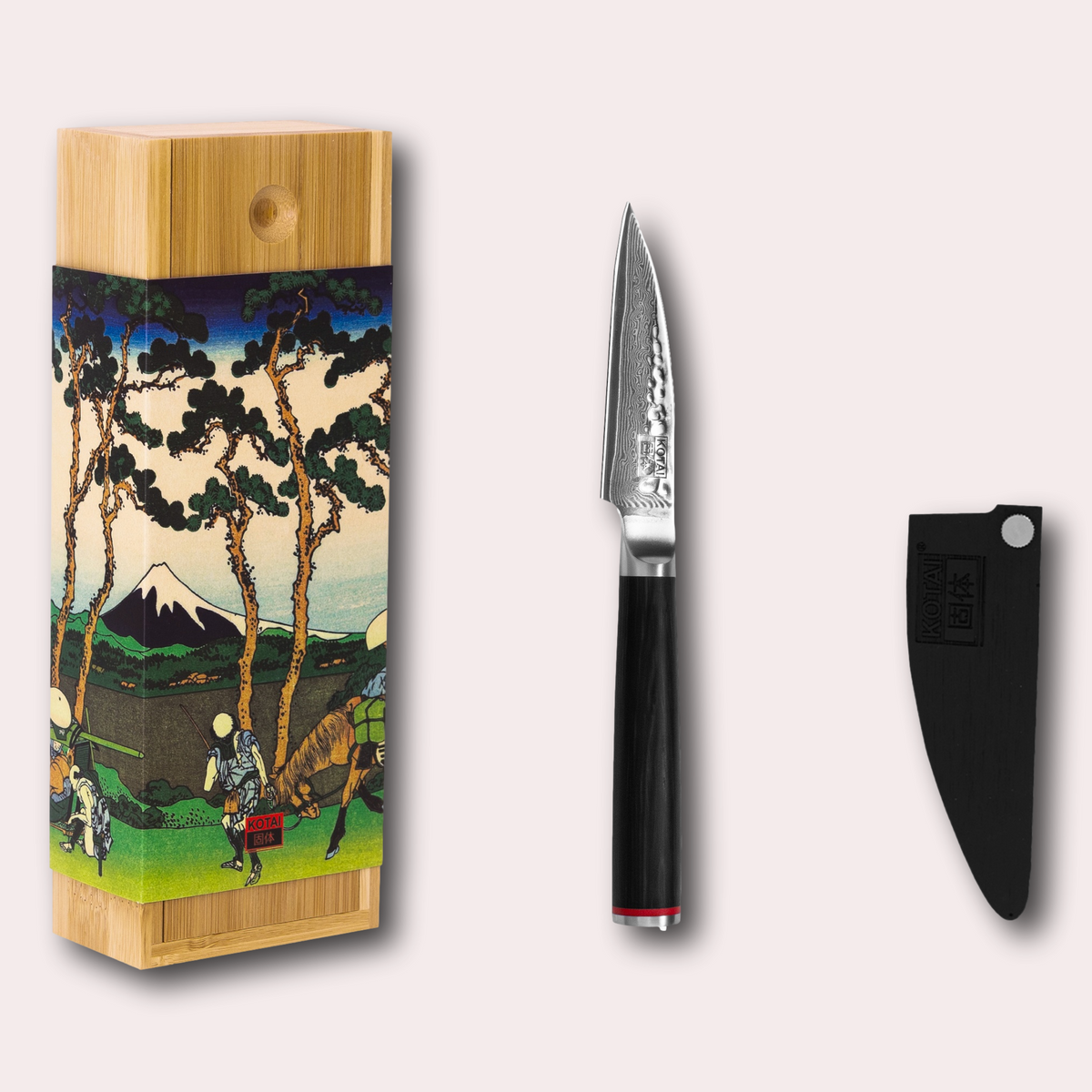 Kotai Pakka Damascus Paring knife. Hammered Damascus blade, pakkawood handle and bamboo sheath included.