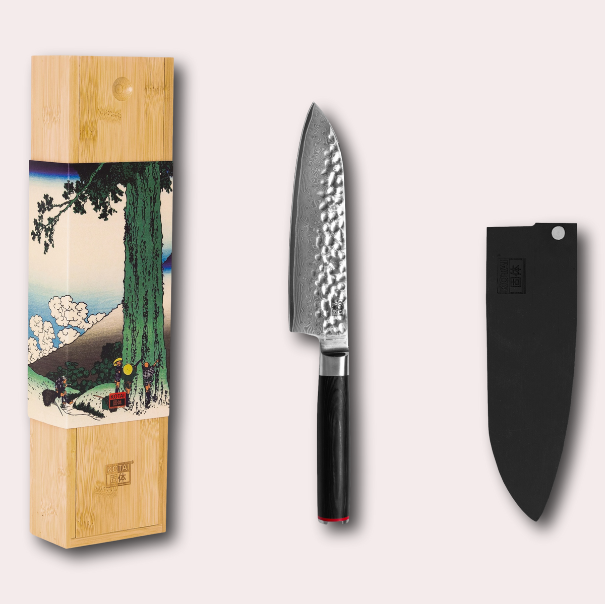 Kotai Pakka Damascus Santoku knife. Hammered Damascus blade, pakkawood handle and bamboo sheath included.