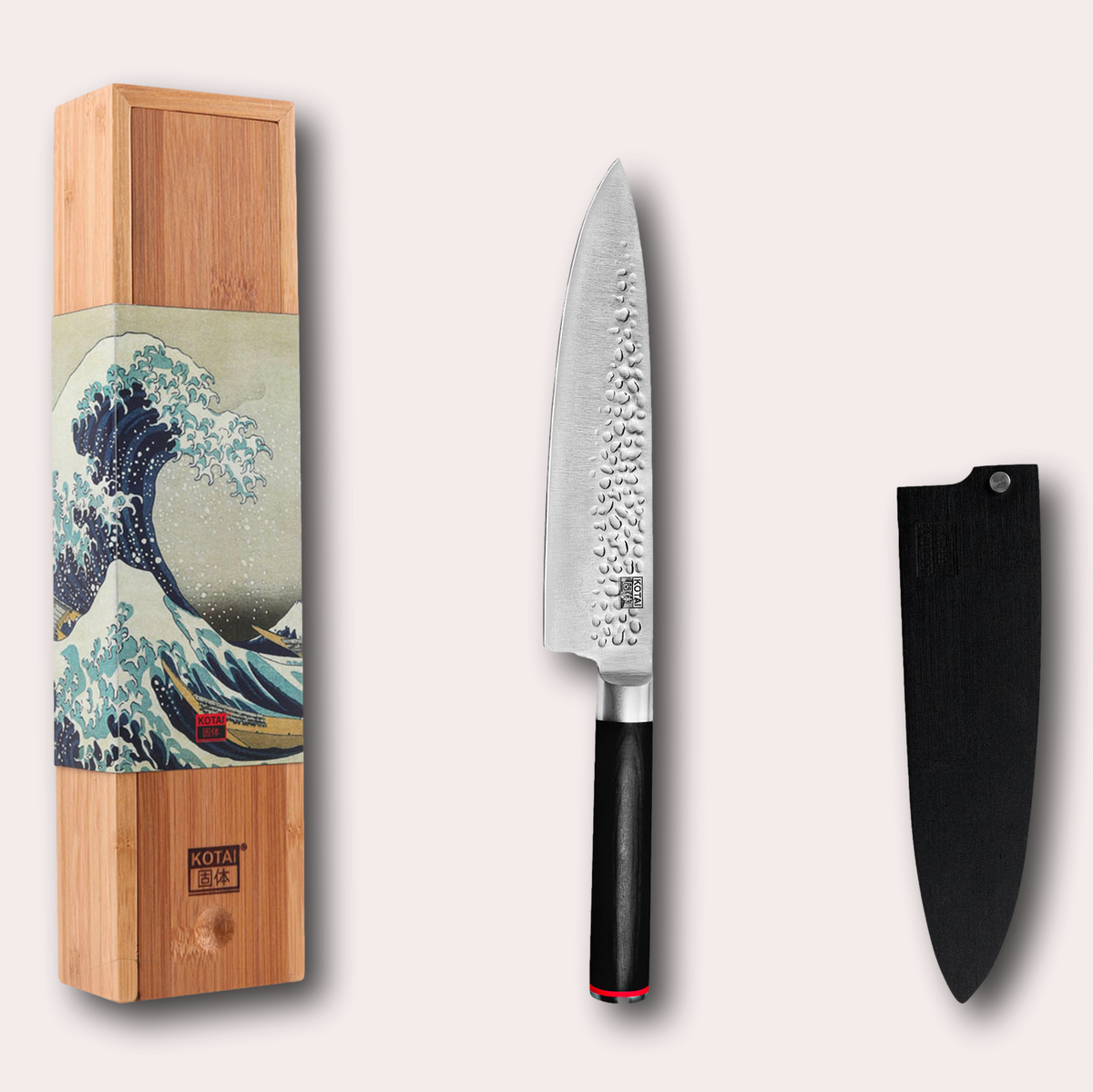 Kotai Pakka 440c japanese gyuto knife. Hammered finshed blade with rounded pakkawood handle.