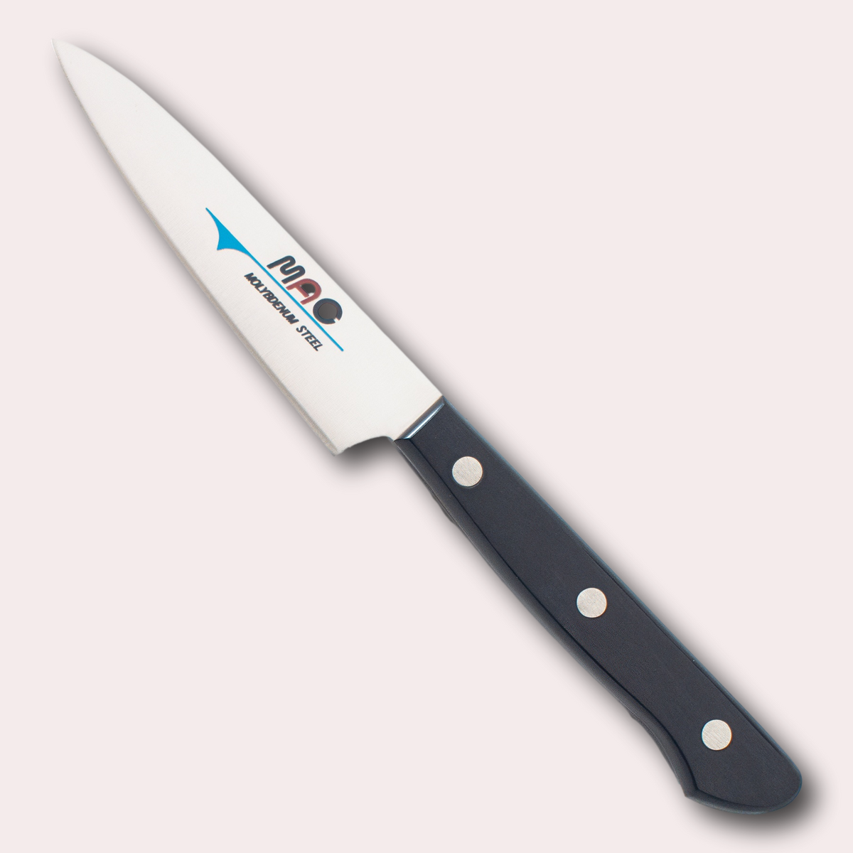 MAC Chef 10cm Paring knife.  High carbon Chrome Molybdenum Vanadium steel blade with a riveted black Pakkawood handle.