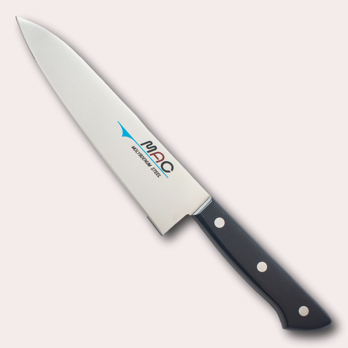 MAC Chef 18cm Gyuto knife.  High carbon Chrome Molybdenum Vanadium steel blade with a riveted black Pakkawood handle.