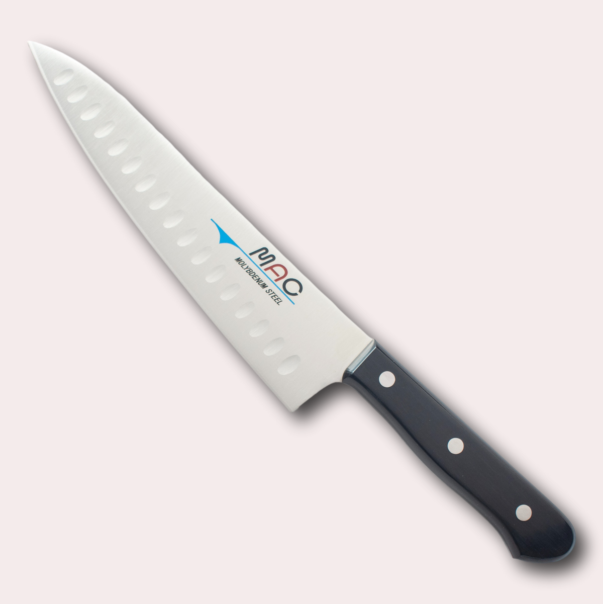 MAC Chef Hollow-Edge-Gyuto knife.  High carbon Chrome Molybdenum Vanadium steel blade with a riveted black Pakkawood handle.