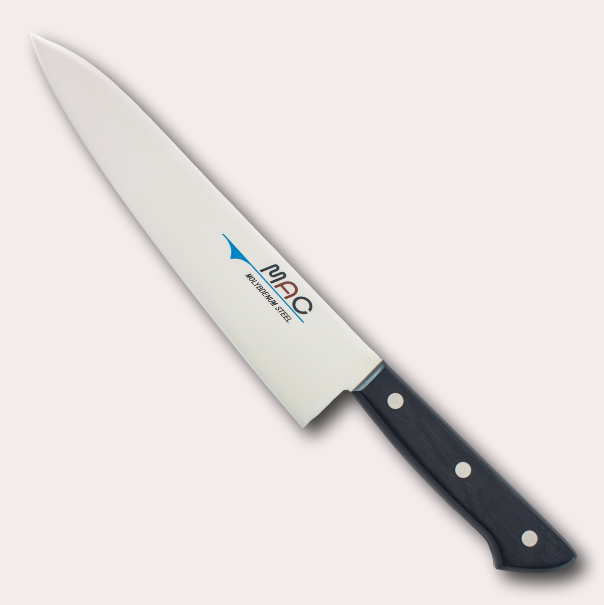 MAC Chef 21.5cm Gyuto knife.  High carbon Chrome Molybdenum Vanadium steel blade with a riveted black Pakkawood handle.