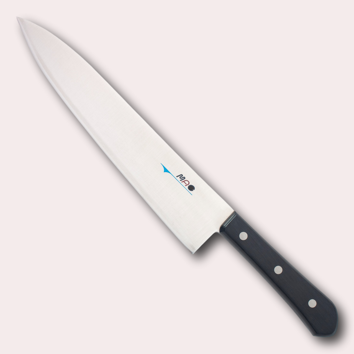 MAC Chef 25.5cm Gyuto knife.  High carbon Chrome Molybdenum Vanadium steel blade with a riveted black Pakkawood handle.