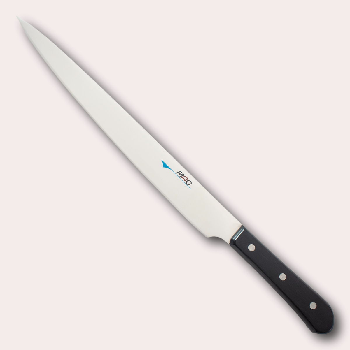 MAC Chef Sujihiki knife.  High carbon Chrome Molybdenum Vanadium steel blade with a riveted black Pakkawood handle.
