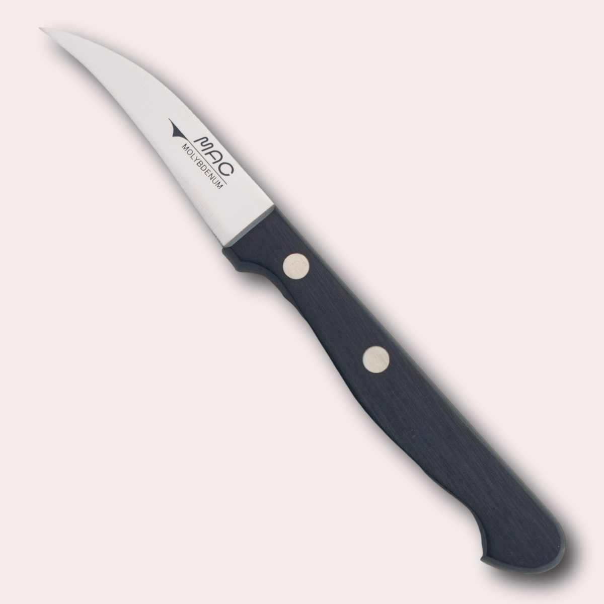 MAC Chef Peeling knife.  High carbon Chrome Molybdenum Vanadium steel blade with a riveted black Pakkawood handle.